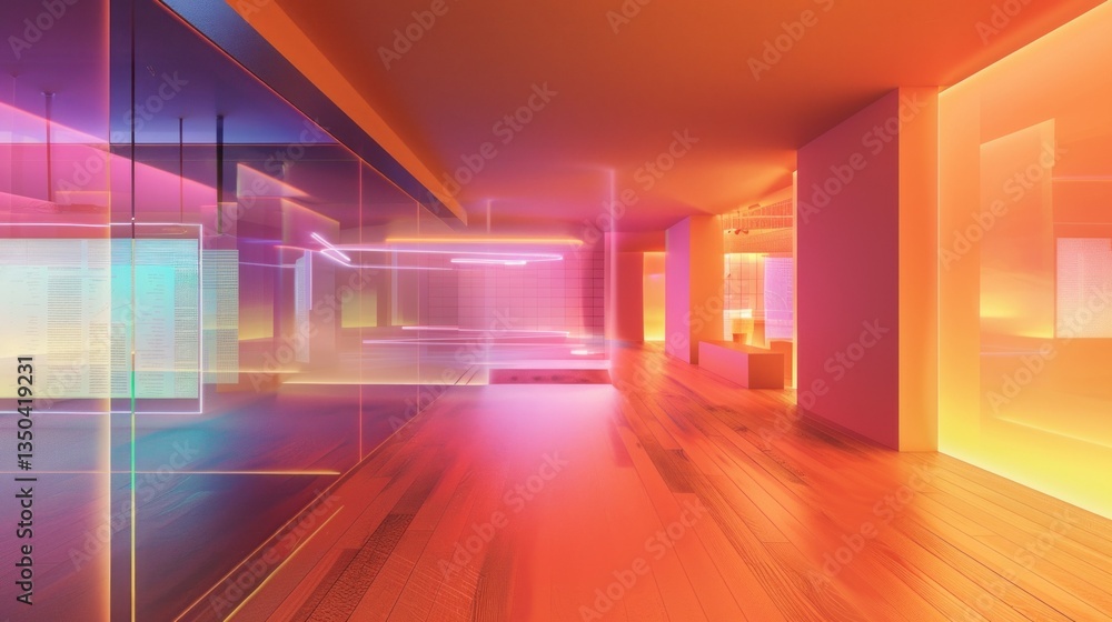 Poster a digitally generated image of a modern office workspace with holographic screens.