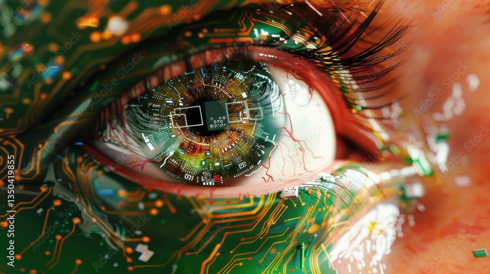 Poster a digitally generated close-up of an eye with digital circuits around it.