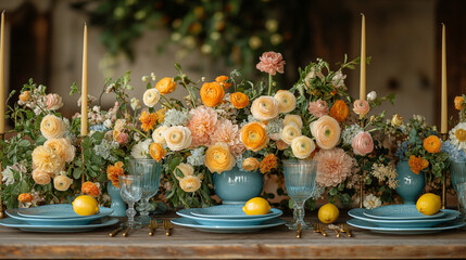 Elegant spring table arrangement showcases vibrant flowers and playful lemons in a charming rustic setting perfect for gatherings or celebrations