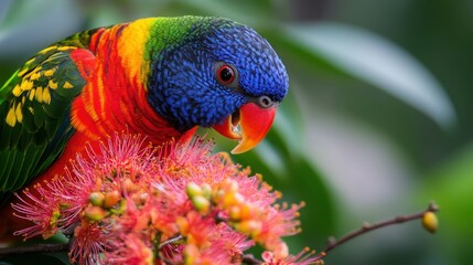 Rainbow Lorikeet eating flowers in a lush forest