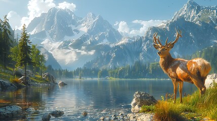 Majestic deer standing by a serene lake surrounded by mountains, capturing a tranquil nature scene