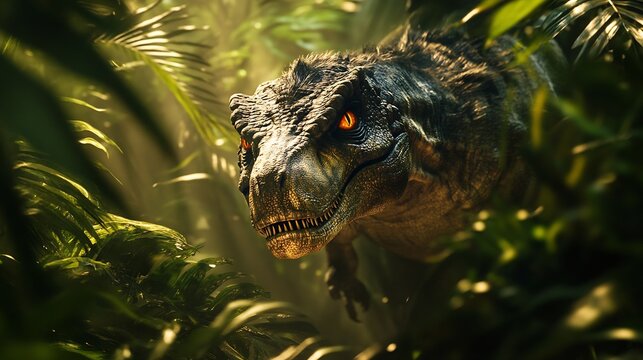 Ferocious Tarbosaurus stalking through a prehistoric jungle its amber eyes gleaming under the dappled light The thick foliage rustles as the predator moves stealthily preparing for the perfect ambush
