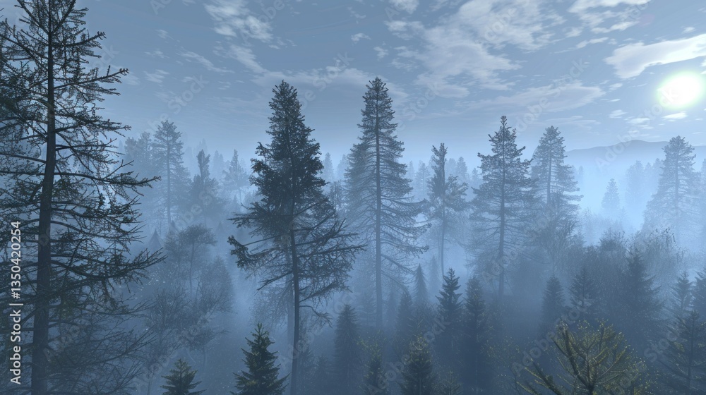Poster a digitally generated forest scene with trees shrouded in fog.