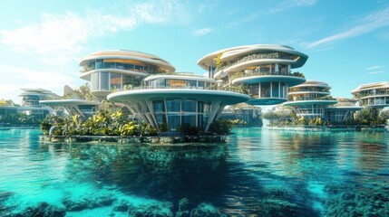 Futuristic floating cities amidst vibrant turquoise waters reflect innovation