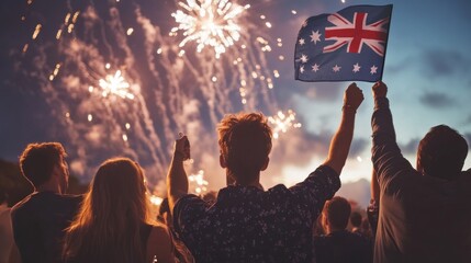 Australians celebrate with fireworks and national flag at dusk event