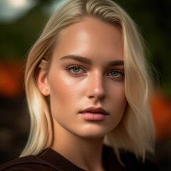 Close-up portrait of a young blonde woman with clear skin and blue eyes, gazing calmly into the camera. Her soft expression is enhanced by natural light and a blurred outdoor background.