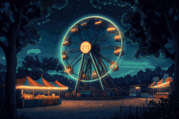 Vintage carnival spinning ride glowing with neon lights at night