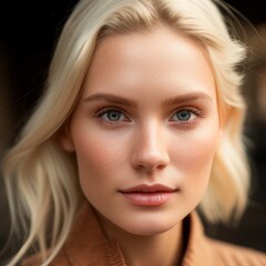 Fototapeta premium Close-up portrait of a young blonde woman with clear skin and blue eyes, gazing calmly into the camera. Her soft expression is enhanced by natural light and a blurred outdoor background.