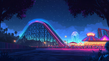 Obraz premium Vintage carnival roller coaster glowing with neon lights at night