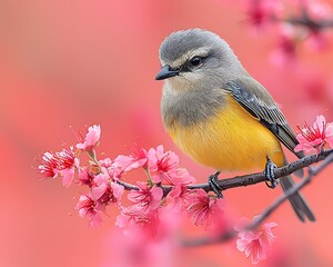 Obraz premium Yellow bird perched on pink blossoms