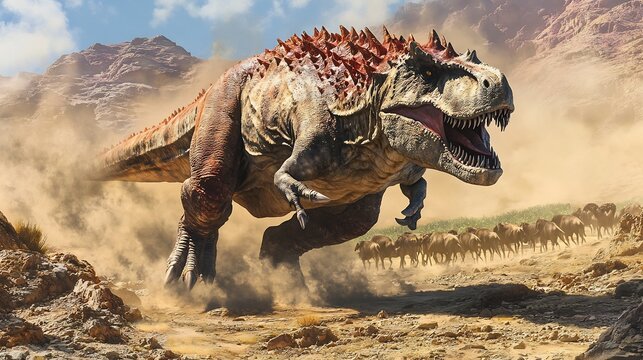 Fierce Abelisaurus stalking through a dry rocky terrain its muscular frame moving stealthily as the harsh sun beats down Dust swirls in the distance as a herd of herbivores senses danger nearby