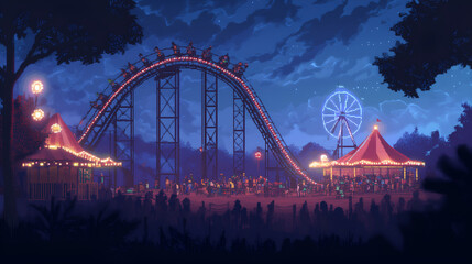 Obraz premium Vintage carnival roller coaster glowing with neon lights at night