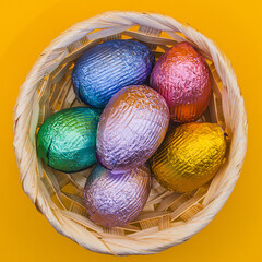 A festive Easter composition featuring a wicker basket filled with colourful foil-wrapped candy eggs, set against a vibrant yellow background. For cards, wallpapers, Easter designs.