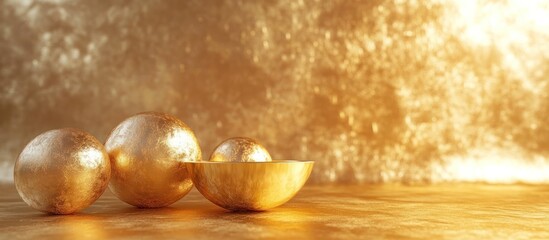 Naklejka premium Closeup of beautiful shiny golden metallic orbs or spheres arranged on a warm amber colored background with a soft glowing light effect creating a luxurious elegant and festive holiday or composition