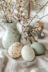 Obraz premium Simple yet elegant Easter setup with eggs resting among soft, dried floral accents.