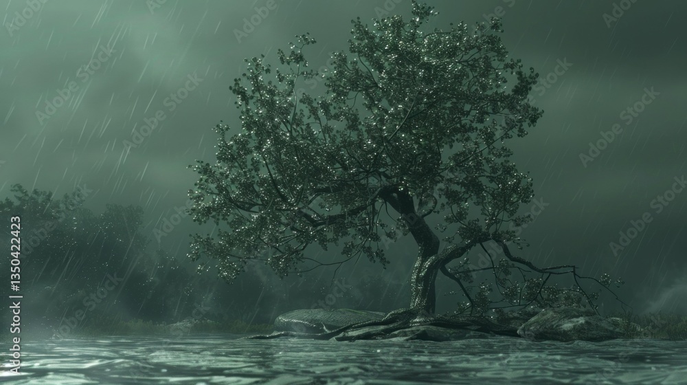 Poster a digitally generated image of a tree standing tall in a storm.