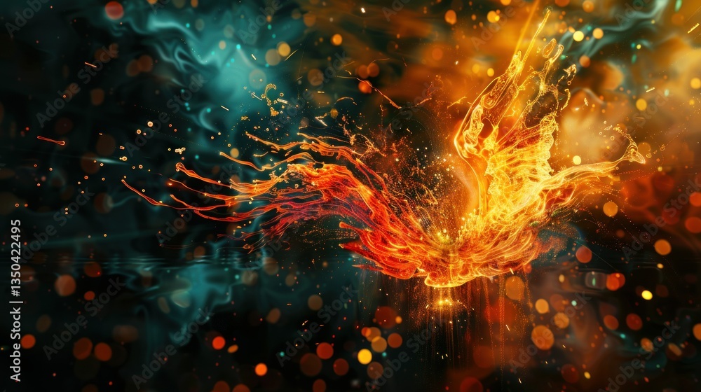 Poster a digitally generated image symbolizing resilience with a phoenix rising from flames.