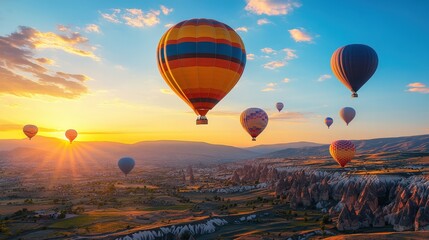 Fototapeta premium Hot air balloons flying over a scenic landscape.