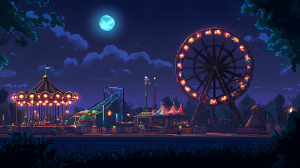 Vintage carnival ferris wheel and carousel glowing at night