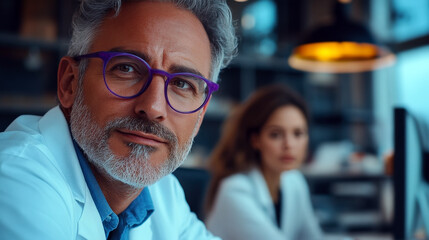 Obraz premium Senior doctor with purple glasses working on a computer.