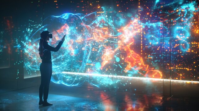 A digitally generated image of a person interacting with a holographic interface.