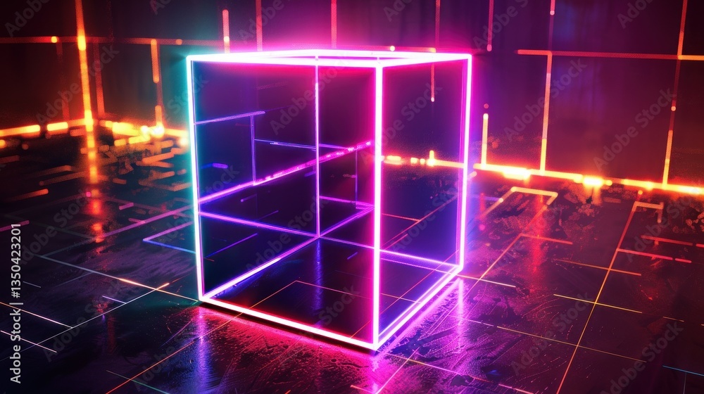 Poster a digitally generated 3d image of a glowing neon cube.