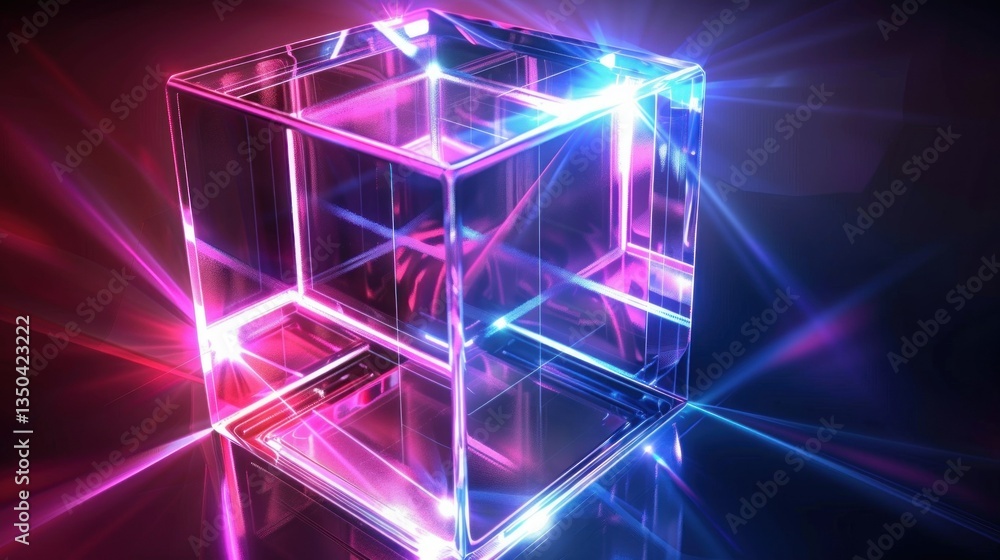 Poster a digitally generated 3d image of a glowing neon cube.