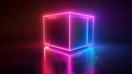 A digitally generated 3D image of a glowing neon cube.