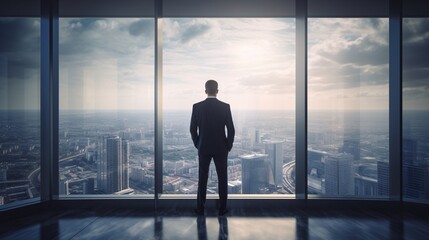 Fototapeta premium Pensive Businessman Standing at Window Overlooking City Skyline Contemplating Ambition and Success