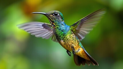 Fototapeta premium Fiery throated hummingbird mid flight iridescent emerald ruby plumage shimmering under natural light blurred jungle backdrop for depth