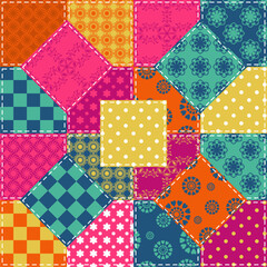 Fototapeta premium Patchwork print wallpaper background with different patterns quilting hobby craft handmade