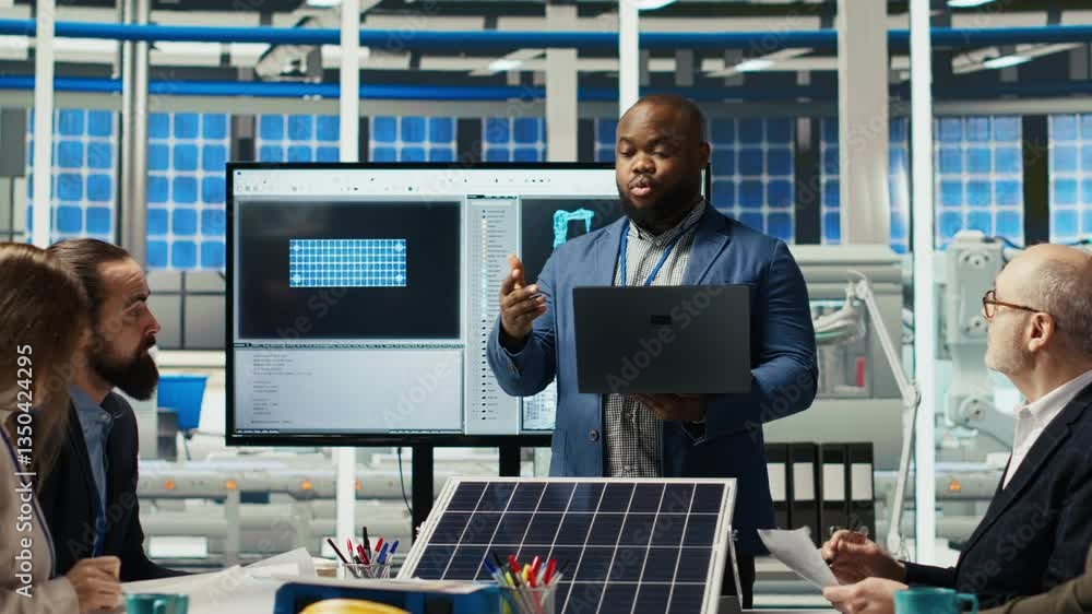 Poster portrait of smiling photovoltaics factory scientists experimenting with advanced pv materials to imp