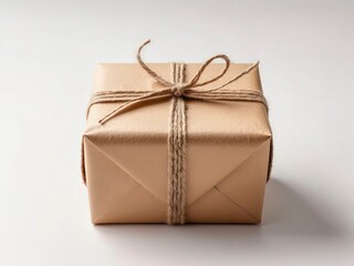 Kraft paper wrapped gift tied with a jute twine on white background. 