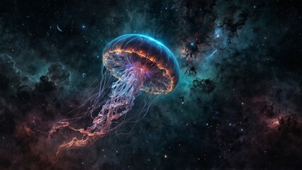 A cosmic jellyfish floating through a nebula, its tendrils pulsating with star energy.