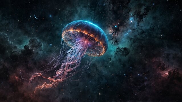 A cosmic jellyfish floating through a nebula, its tendrils pulsating with star energy.