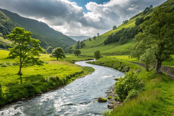 Scenic River Flowing through Lush Green Valley – Peaceful Countryside Landscape