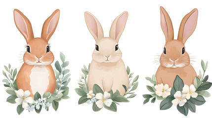 Obraz premium Three cute bunnies surrounded by flowers, spring illustration, perfect for Easter cards or children's book