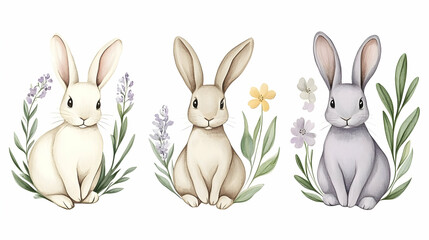 Obraz premium Three cute bunnies surrounded by flowers, spring illustration, perfect for greeting cards or children's books