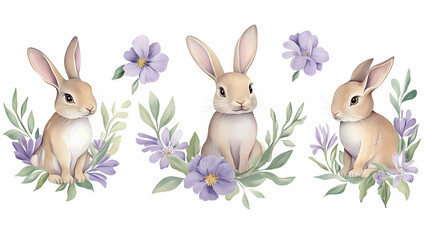 Obraz premium Three cute bunnies surrounded by purple flowers and green leaves; perfect for Easter cards or children's books