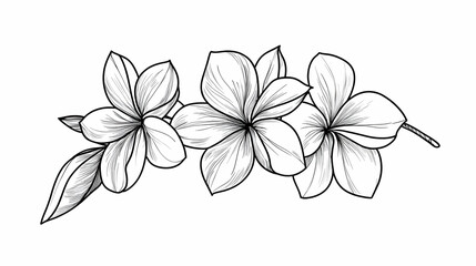 Tropical Plumeria flowers branch, line art, white background, botanical illustration, design element