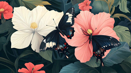 Two butterflies on hibiscus flowers in lush tropical garden; nature illustration for website or print