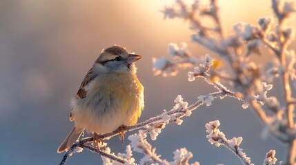 Obraz premium Golden crowned sparrow resting a frosty branch delicate yellow and brown plumage illuminated under soft morning sunlight crisp natural composition