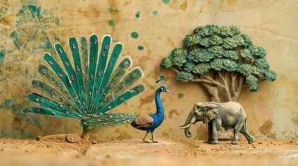 Cut-out of a peacock and an elephant on a simple backdrop.