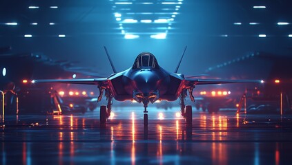 A Powerful Lockheed Martin F-35 Lightning II Fighter Jet Awaits Its Mission in a Futuristic, Neon-Lit Hangar