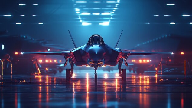 A Powerful Lockheed Martin F-35 Lightning II Fighter Jet Awaits Its Mission in a Futuristic, Neon-Lit Hangar