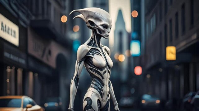 A futuristic humanoid alien with biomechanical features stands in a neon-lit urban street, blending advanced technology with organic design. The sleek, intricate body contrasts with the blurred city b