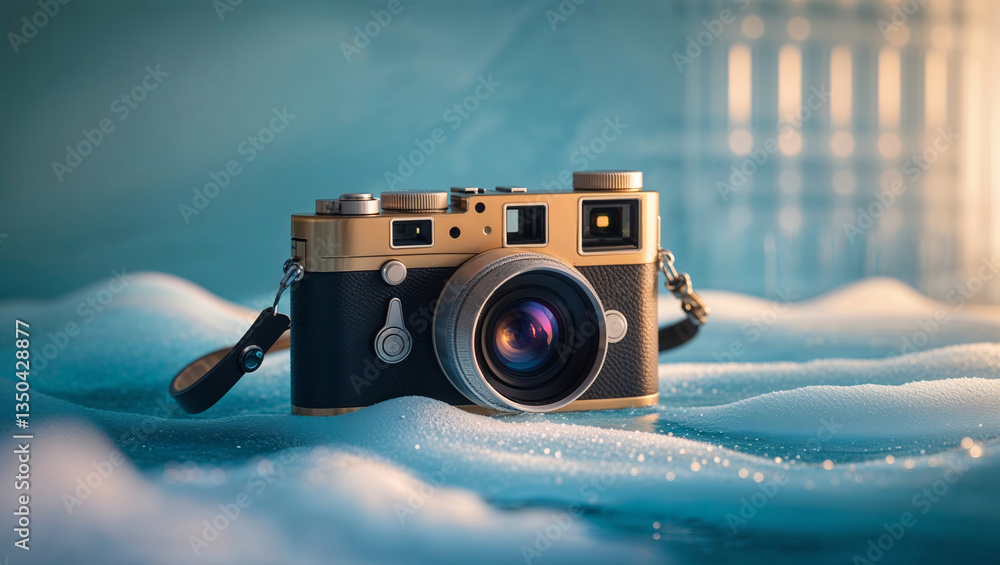 Poster classic camera sitting on soft waves, illuminated by gentle light in a serene setting during the eve
