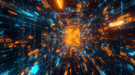 Futuristic digital tunnel with glowing orange and blue lights, creating a sense of depth and movement