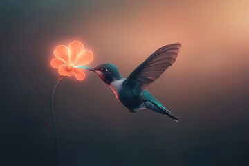 Hummingbird Feeds Glowing Flower.