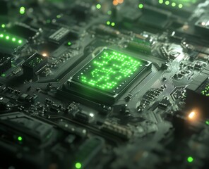 Advanced Microprocessor Chipset A Detailed Close-up View of a Futuristic Circuit Board with Glowing Green Digital Information
